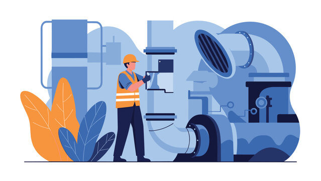 Industrial technician wearing a safety helmet and vest inspecting large machinery and piping in a blue-themed factory setting for maintenance.