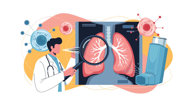Male doctor in white coat uses magnifying glass to inspect human lung x-ray near asthma inhaler and virus cells.