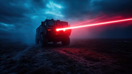 Obraz premium A rugged armored vehicle illuminated by a striking red laser beam against a dark, stormy backdrop, conveying a sense of action and power in a dramatic setting.