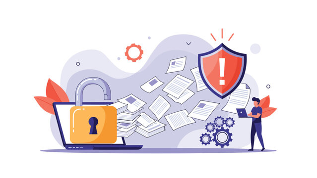 Data security concept showing laptop with open lock and documents protected by digital security shield and firewalls.