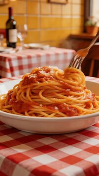 steaming plate of spaghetti on a red checkered tablecloth