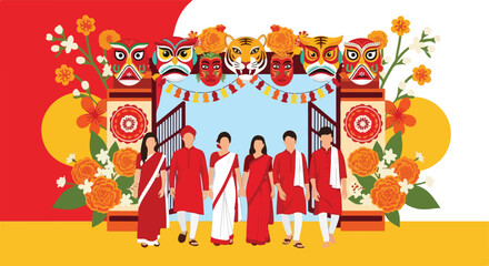 Fototapeta premium People in traditional attire celebrating a vibrant cultural festival with decorative masks, flowers, and garlands under an ornate archway.