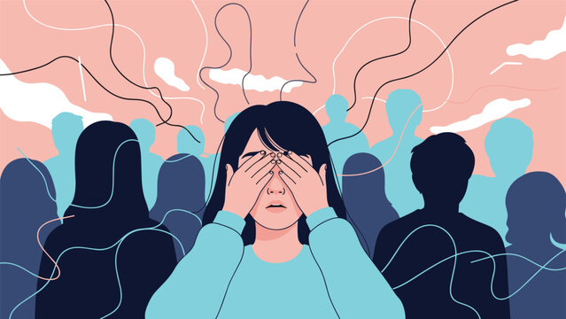 Anxiety and social phobia concept with woman covering her face in middle of crowd of silhouettes and wavy lines.