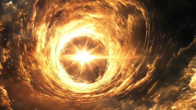 Abstract celestial vortex illustration with bright light and swirling clouds
