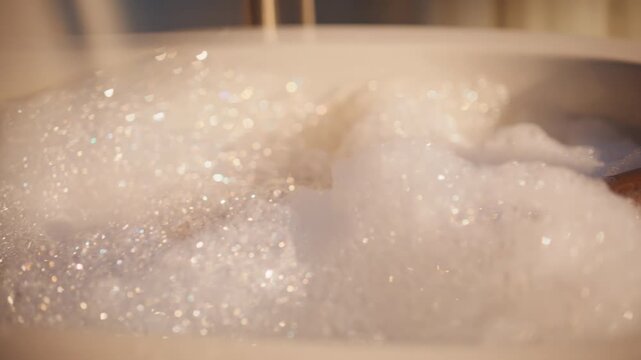 Feet bathing soap bubbles in luxury hotel closeup. Nude woman watching reels