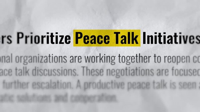 Peace Talk Highlighted Text Typography on White Background. Diplomatic Negotiations, Dialogue Process, International Relations, Conflict Resolution, Global Stability, Agreement, Discussions. 4K Video