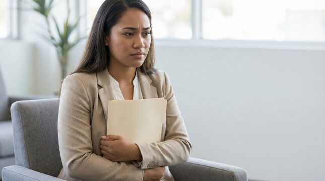 Pacific Islander young woman awaiting job interview nerves holding