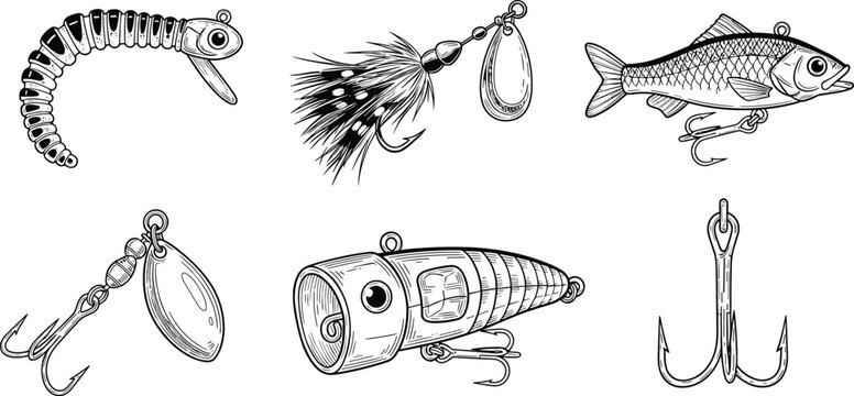 Detailed vintage style hand drawn fishing gear collection featuring various lures hooks and bait for angling enthusiasts and outdoor sports equipment illustration set isolated