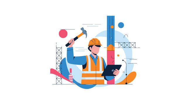 Professional construction worker in safety gear holding a hammer and digital tablet at building site with scaffolding background.