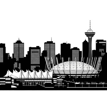 A striking black and white silhouette of the seattle city skyline