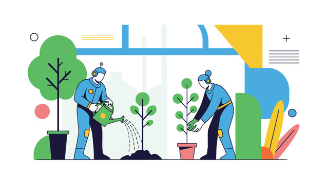 Futuristic scientists in high-tech protective suits nurturing young plants in advanced greenhouse facility for environmental restoration.