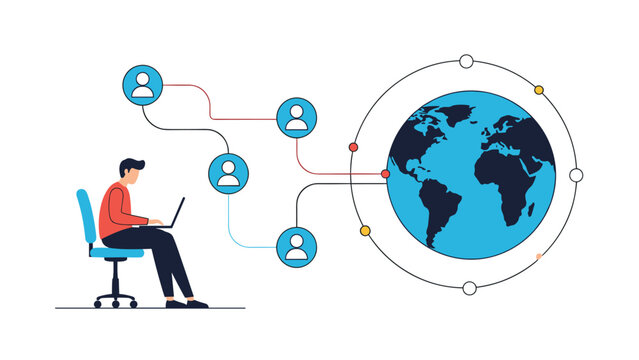 Remote professional connecting with a global network of users through a digital interface on a laptop computer.