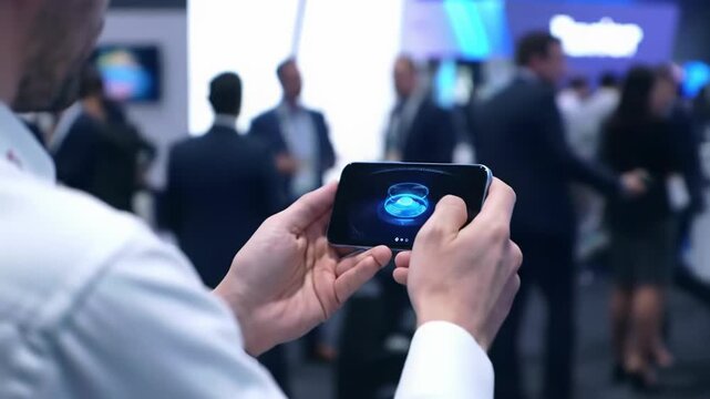 A professional, gender-neutral individual in business-casual attire records with a sleek smartphone at a bustling tech conference. OTS video transitions to ECU on screen with data visuals, then pulls