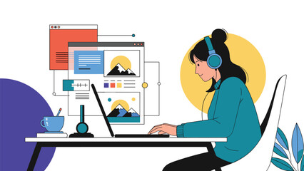 Fototapeta premium Creative designer wearing headphones while working on a laptop to create digital illustrations of mountain landscapes and user interfaces.