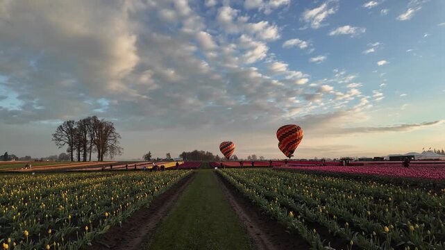 4K stabilized ground footage of colorful tulip fields during spring festival near Woodburn Oregon USA showing vibrant rows and hot air balloons taking off in golden sunrise light