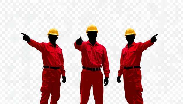 Three construction workers in red uniforms and yellow helmets standing and pointing