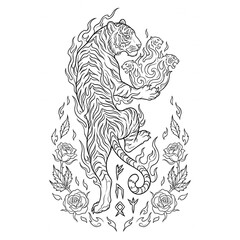 Obraz premium Flaming Tiger with Runes and Roses Black and White Coloring Page