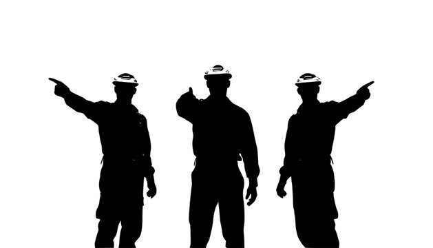 Three construction workers in red uniforms and yellow helmets standing and pointing