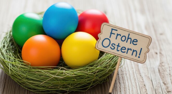 Colorful eggs in a basket with a festive oster greeting sign