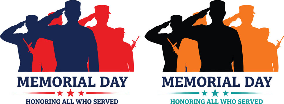 Memorial day tribute silhouettes of soldiers saluting with patriotic colors and text