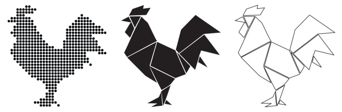 Three stylized rooster designs, from pixelated to origami, showcasing artistic versatility