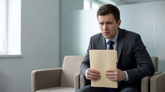Eastern European young man awaiting job interview nerves holding