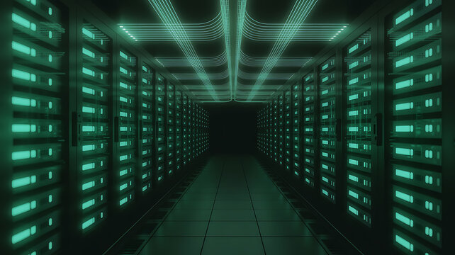 modern server room with glowing racks of computers and cables representing data storage and processing in a high-tech infrastructure for cloud computing and network security.