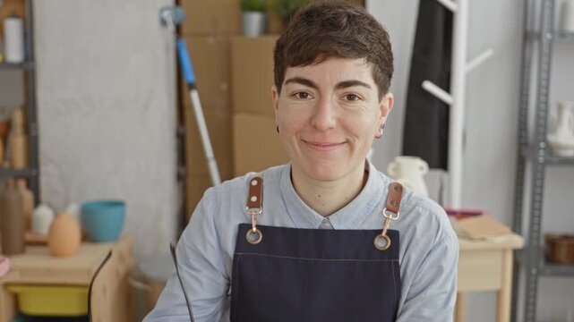 Woman removing glasses and smiling while wearing a leather strap apron among clay pots and tools on shelves in a pottery studio; creative contentment.