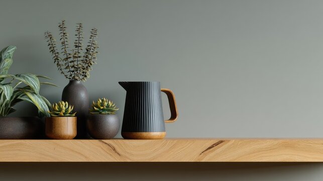 Arrangement of contemporary decorative objects and potted greenery displayed on a natural wooden shelf against a muted wall