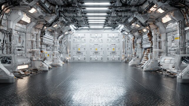 Interior view of a brightly illuminated futuristic starship corridor extending toward a closed bulkhead