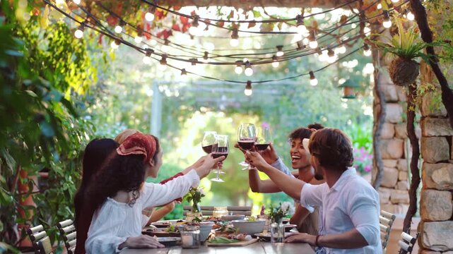 Smile, friends and cheers with red wine in backyard for support, celebration and lunch reunion. Happy, people and toast alcohol for gathering, hangout together and gratitude of Easter holiday in home