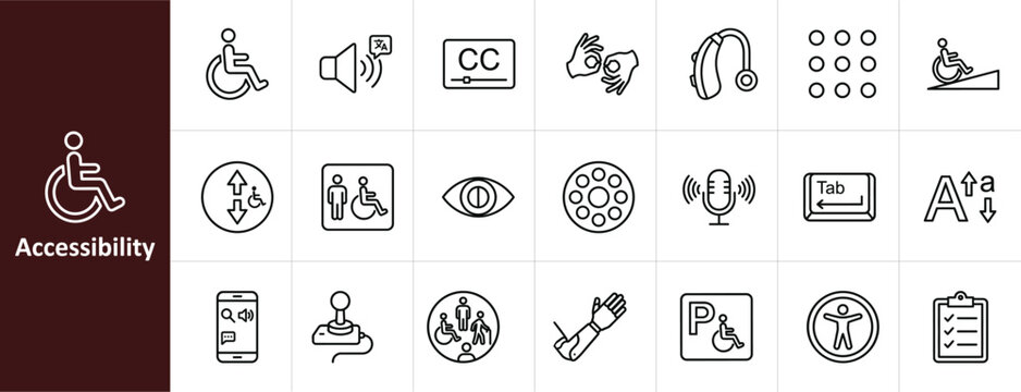 Accessibility and Inclusion Line Icon Set - Minimalist Assistive Technology and Universal Design Vector Illustrations