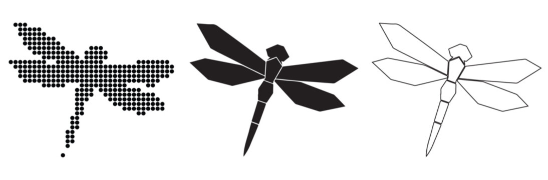 Three stylized dragonfly icons showing pixelated, silhouette, and outline designs