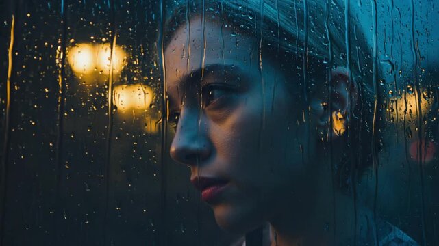 Sad woman behind rain covered window with drops and city lights reflection moody night atmosphere slow movement