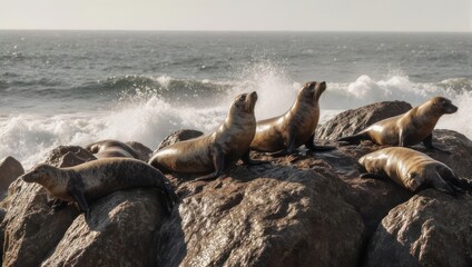 Fototapeta premium Colony of Sea Lions Basking on Coastal Rocks by the Ocean.