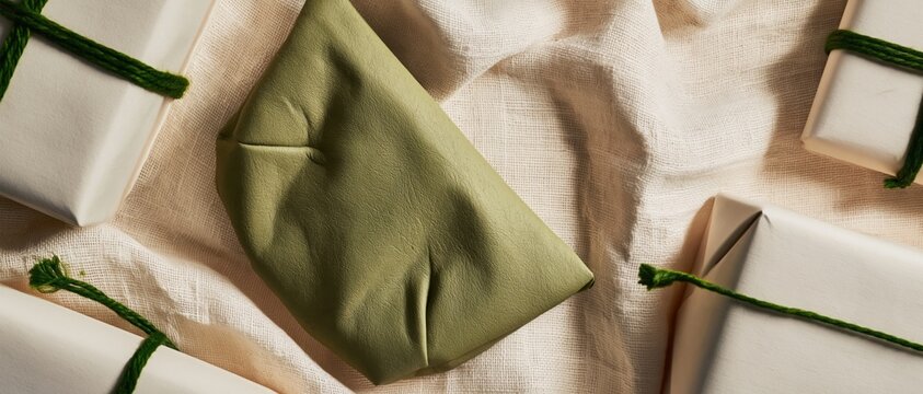 Sustainable Mushroom Leather Pouch on Burlap Textile with Wrapped Eco Friendly Gift Parcels for Organic Product Catalog and Retail Marketing