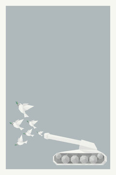 Abstract polygon flock of peace doves carrying olive branch flew out from the muzzle of the military tank's cannon on gray vertical background have blank space.