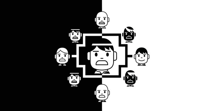 Illustration of a stressed person surrounded by various emotive faces.