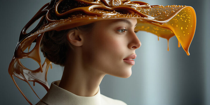 Classy porcelainskinned lady showcasing opulent millinery with amber hues and indulgent textures