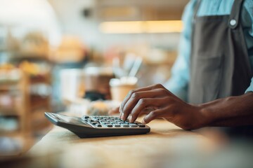 Fototapeta premium Close up over shoulder view focusing hand of shopkeeper using calculator counter shallow framing behind small retail shop environment camera behind subject no face visible natural lighting realistic