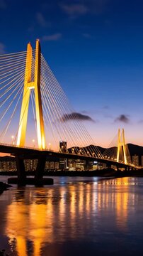 A large cable-stayed bridge illuminated at dusk, spanning a body of water with mountains in the background, possibly for travel or infrastructure use