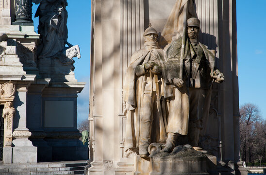 Madrid - Detail of monument of Alfonso XII in Buen Retiro park by architect Jose Grases Riera from year 1902