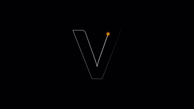 Alphabet animation of letter 'V' with glowing light path on black background , Letter concept. Modern glowing letter V in 4K animation with alpha channel