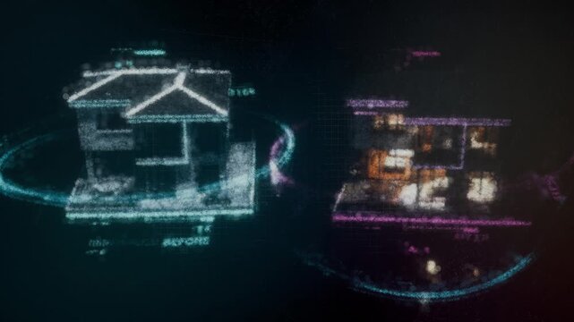 Abstract 3D render of two glowing point cloud house models rotating on a dark grid background. Futuristic architecture visualization for real estate and technology concepts.