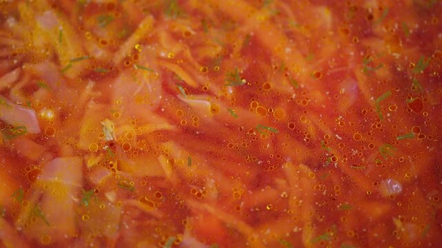 Steaming bowl of colorful traditional soup. Warm rustic kitchen filled with flavorful simmering borscht. Vivid and aromatic homemade beet and vegetable soup served with care