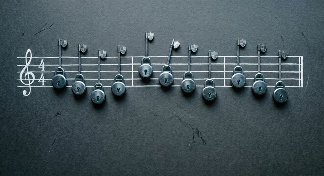 Metal Padlock Musical Notes Arranged on a Staff Line for Cybersecurity and Data Privacy Concepts, Top Down Flat Lay on Dark Textured Background with Copy Space