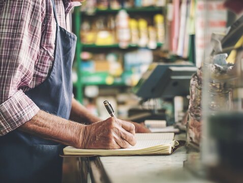 Low angle over shoulder view of shopkeeper standing counter writing register book camera positioned slightly below shoulder level small retail shop environment camera behind subject no face visible