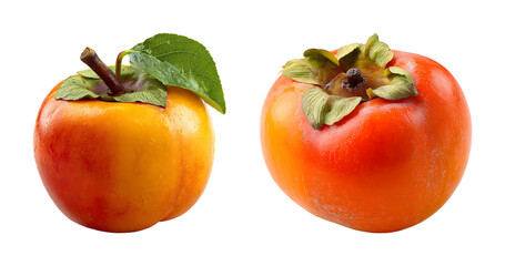 Fototapeta premium Fresh whole persimmon fruit collection with green leaf PNG set isolated on transparent background