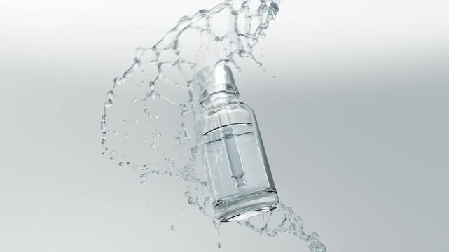 Luxury cosmetic serum bottle with transparent liquid splash swirling around it in slow motion. Elegant skincare product advertisement concept featuring glass dropper bottle isolated on clean white bac