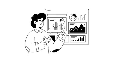 Naklejka premium Smiling person interacting with digital dashboard showcasing diverse financial charts, bar graphs, and line diagrams, representing data analysis and business growth insights.